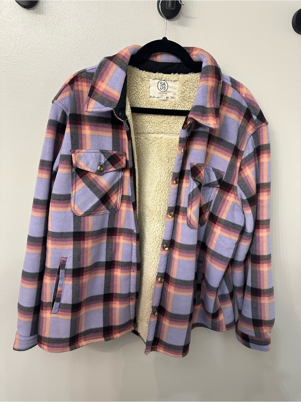 SA93 Lavender & Pink Plaid Sherpa-Lined Shacket